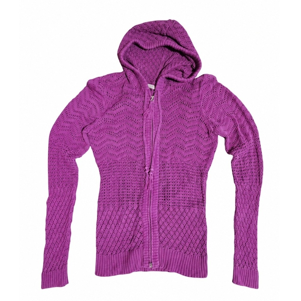 Athleta Womens Purple Pointelle Chevron Full Zip Hooded Sweater Size S Small EUC